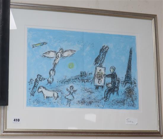 After Marc Chagall (1887-1985), colour lithograph, Le peintre et son double, 34 x 49cm